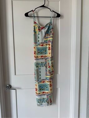 Spaghetti Strap Floral Patchwork Midi Dress in Yellow and Blue